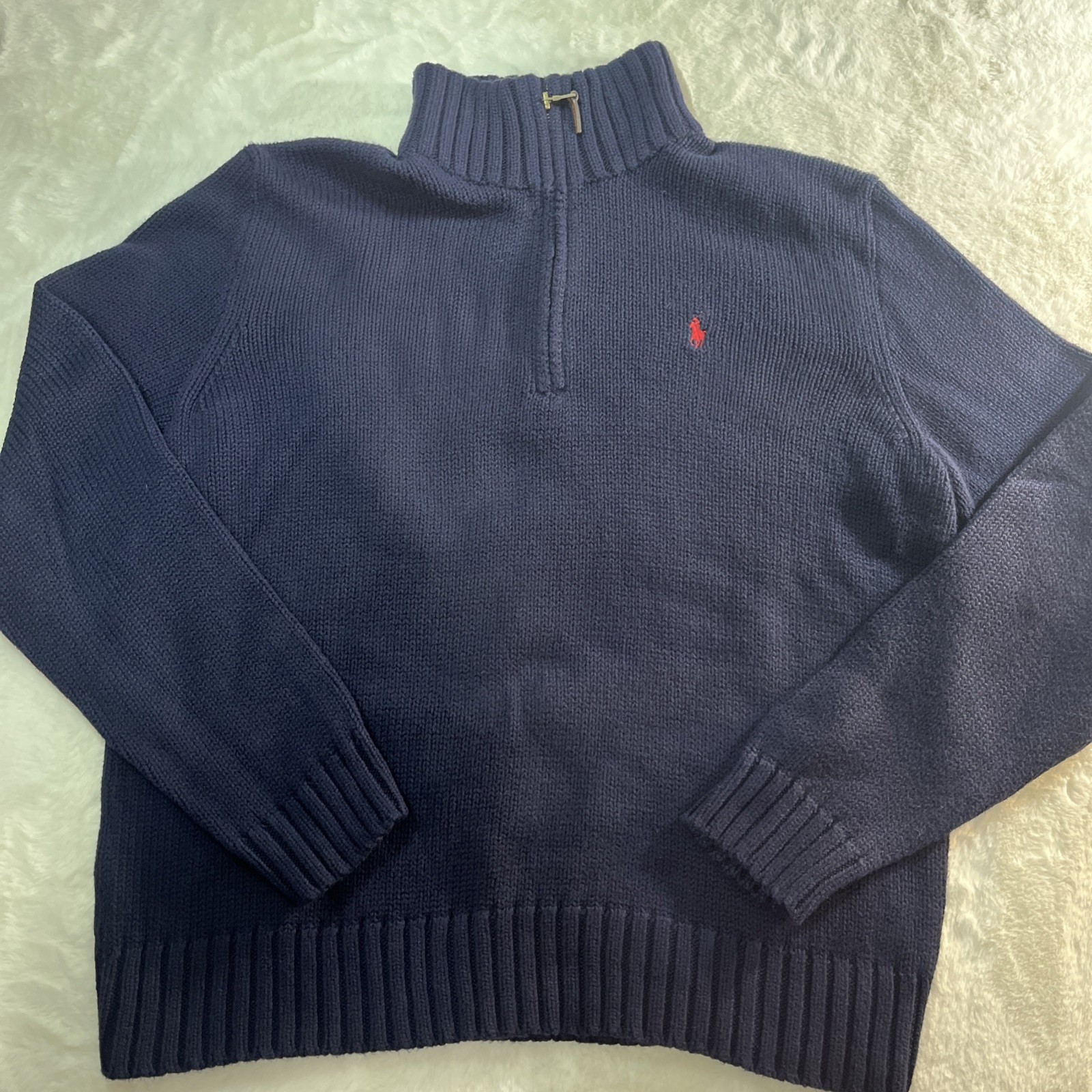VTG Polo Ralph Lauren Y2K Quarter Zip Knit Sweater Red Pony Logo Blue Preppy L