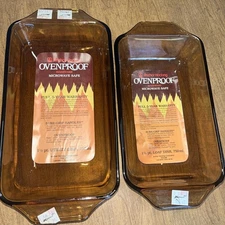 Vintage Fire King Anchor Hocking Amber Lot of Two  1 utility 1 Loaf Pan NEW