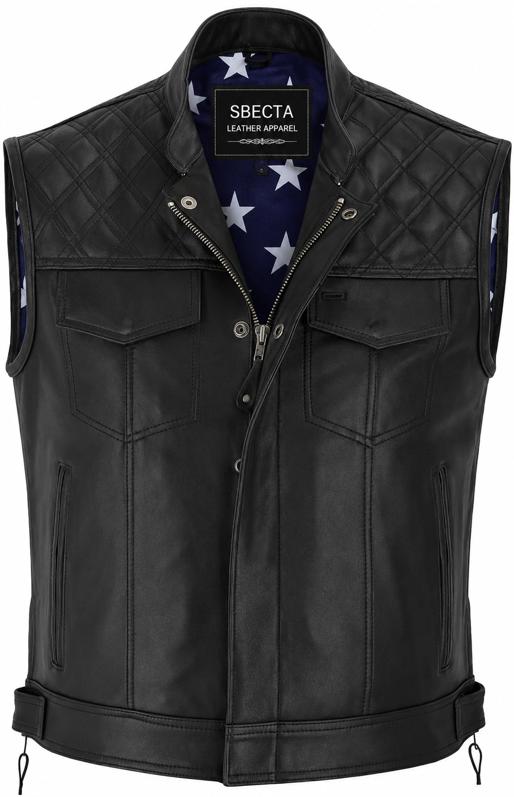 Men's Black Leather Motorcycle Vest USA Flag Liner Biker Club Riding Side Strap