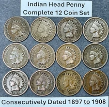 Complete Indian Head Pennies Penny Set of 12 Coins Consecutively Dated 1897-1908