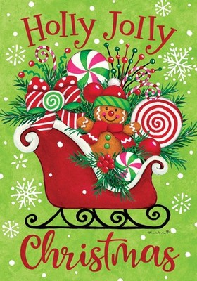 Holly Jolly Christmas Gingerbread Sleigh House Flag 40x28
