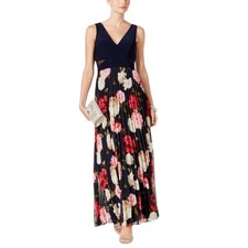 Xscape Navy Blue Sleeveless Floral Pleated Chiffon Cutout Maxi A-line Dress Sz 6