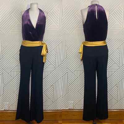 Ramy Brook Nina Jumpsuit Purple Velvet Black Yellow Sash Size US
