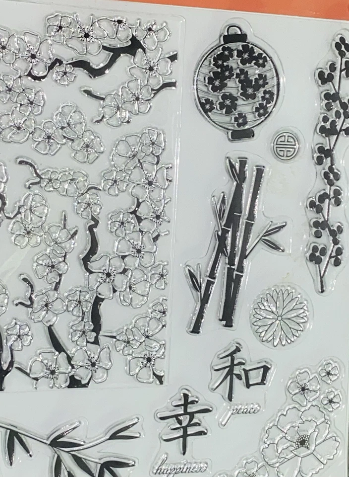 Juego de 12 sellos transparentes FISKARS de bambú linterna flores de cerezo de inspiración asiática nuevo Foto 3 de 4