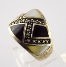 Marsala Sterling Silver Marcasite Black Onyx and Mother of Pearl Ring 925 Sz 7.5