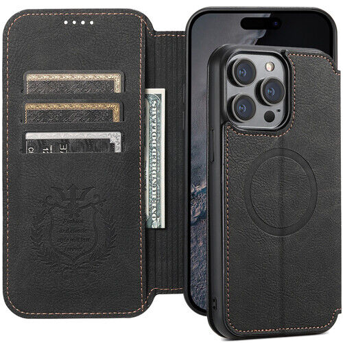 For iPhone 16 Pro Max 15 14 13 Magnetic MagSafe Leather Wallet Flip Stand Cover - Picture 28 of 31