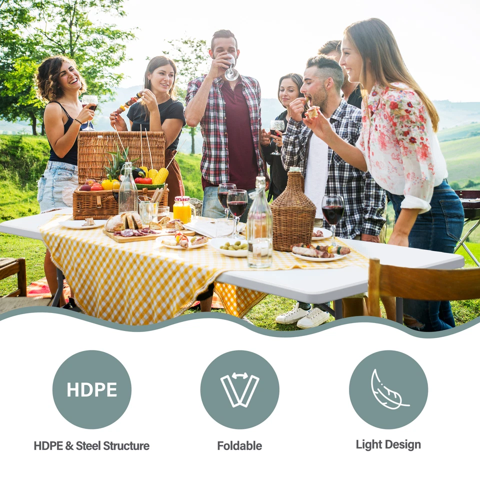 Mesa Plegable Plástico 8' Blanca con Bloqueo de Manija Playa Familia Picnic Interior Exterior Foto 4 de 4