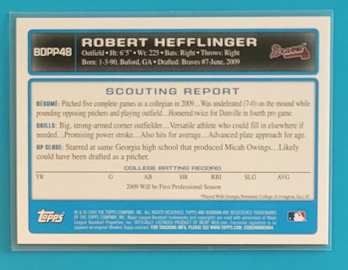 2009 Bowman Draft Prospects #BDPP48 Robert Hefflinger Atlanta Braves Card - Picture 2 of 2