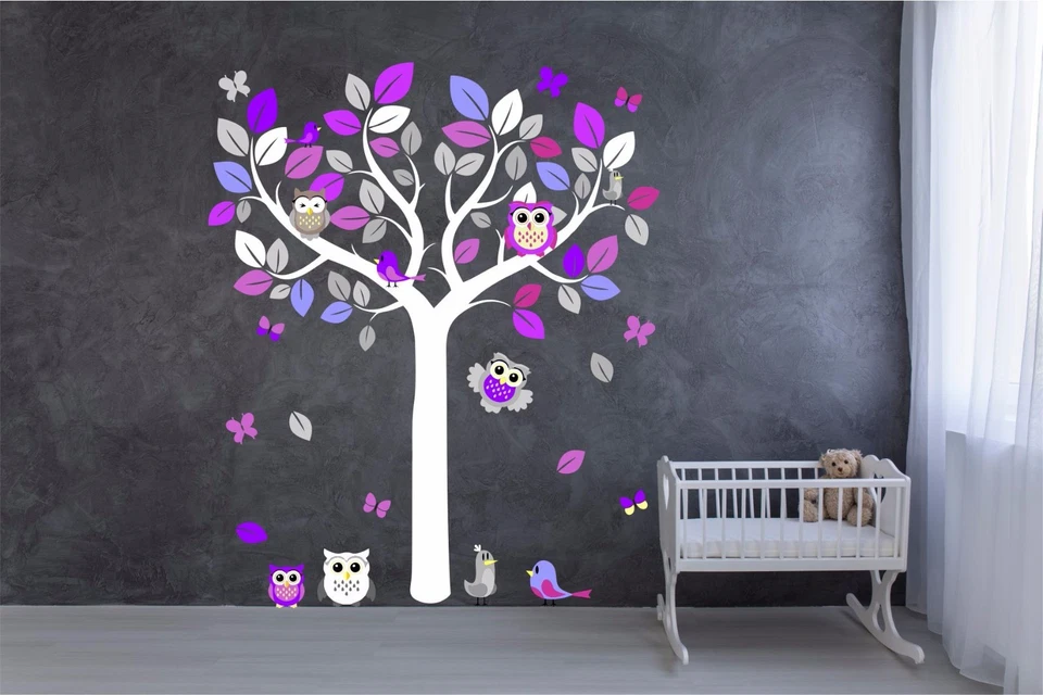 TREE OWLS BIRDS WALL STICKER grey lilac purple blue unisex nursery decal art