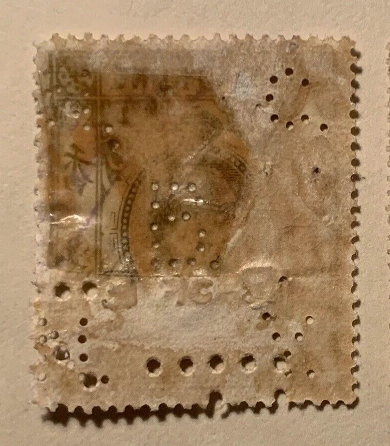 HONG KONG 105 centavos fiscales impuesto de timbre 1912 B de E embalaje original cancelaciones punzonadoras y ovaladas Foto 2 de 2