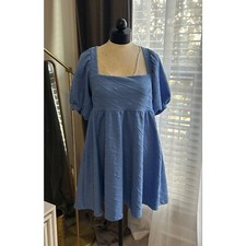 Free People Violet Mini Dress Sz Medium December Sky Blue Puff Sleeve Bow Back
