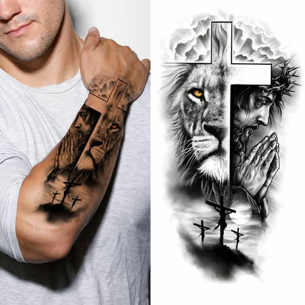 Cross Lion Waterproof Temporary Tattoo Sticker Fake Tatoo Body Art Arm Men  Women