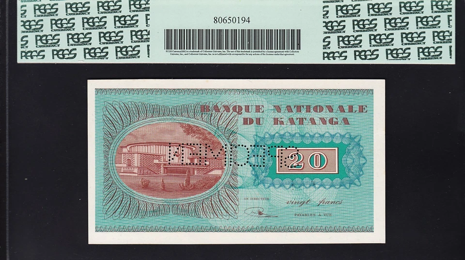 KATANGA 20 FRANCS 1960 **SPECIMEN** PCGS 63 CHOICE NEW UNC P 6s ZZ - Image 2 of 4