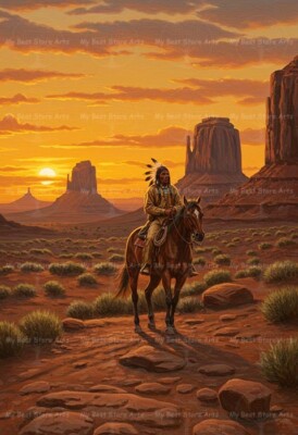 NATIVE AMERICAN WARRIOR HORSEBACK ART PRINT, Western Wall Decor, Desert Poster