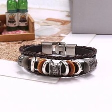 Mens Unisex Boho Multi-Layer Leather Bracelet Braided Beaded Wristband Bangle