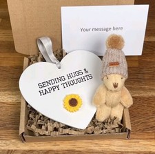 Sending Hugs And Happy Thoughts Gift Box - 10cm Wooden Heart & Pocket Bear Hug