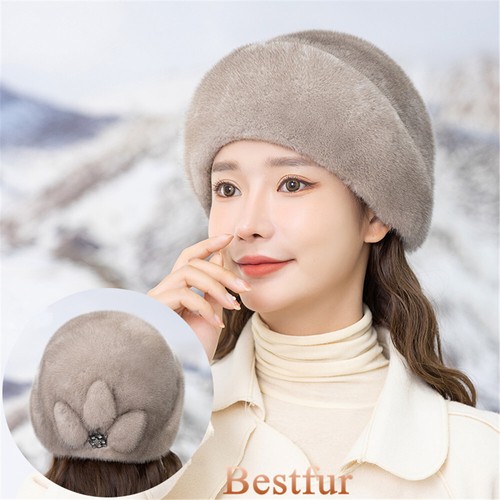 Women's Real Whole Full Mink Fur Hat Bowler Hat Warm Top Hat Beret Outdoor Cap - Picture 9 of 24