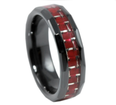 6mm Red Line Ring Black Facet Ceramic Fiber Inlay Wedding Band Size 4 5 6 7 8 9