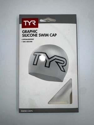 TYR Graphic Silicone Swim Cap Adult Large White Logo Hypoallergenic Stretch