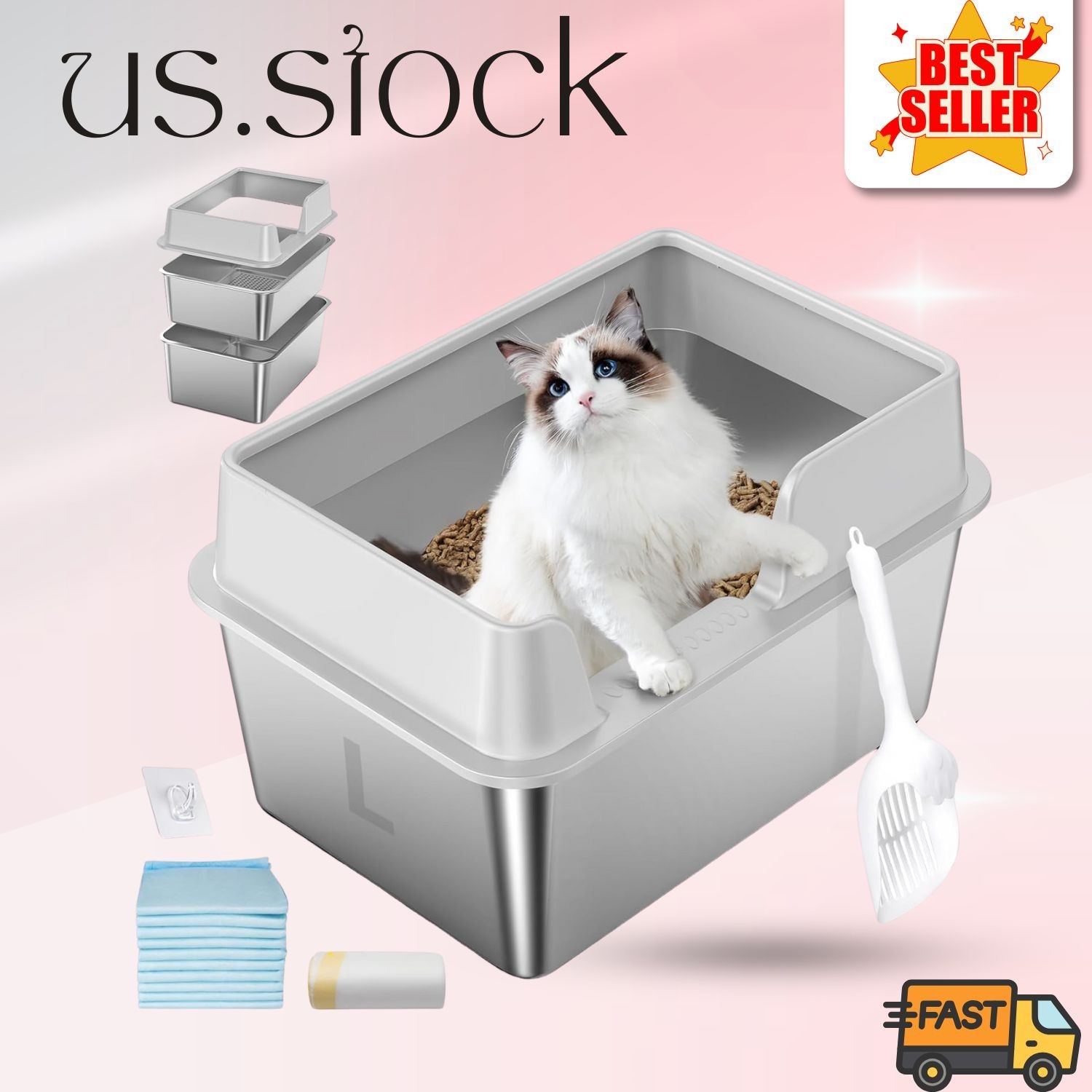 Stainless Steel Cat Litter Box with Lid, High Sided Sifting Box, Includes Scoop