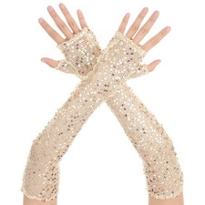 Long Sequins Gloves for Women, Elbow Length Glitter Gloves Gold