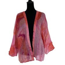 Chicos Womens Sheer Watercolor Pink Coral Open Kimono Size XLP Coastal Linen