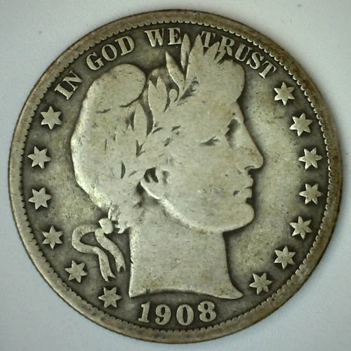 1908 Barber Half Dollar Silver VG Type Coin Fifty Cent 50 Cents Very Good