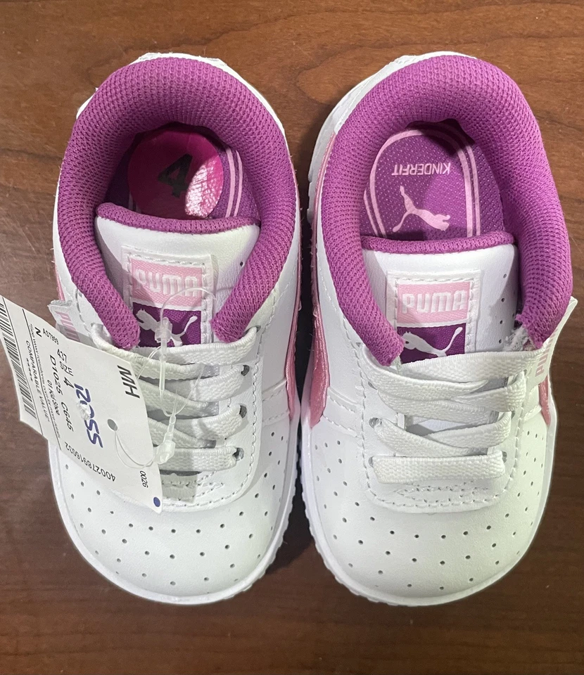 NUEVO PUMA Cali Rosa Talla 4 Con cordones Niñas Pequeñas Blanco Rosa Tenis Zapatos Foto 3 de 4