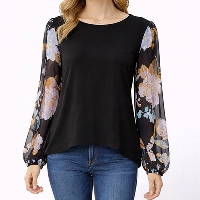 Tahari 1X Sheer Floral Chiffon Blouse Mixed Media Long Sleeve Top Modern Glam