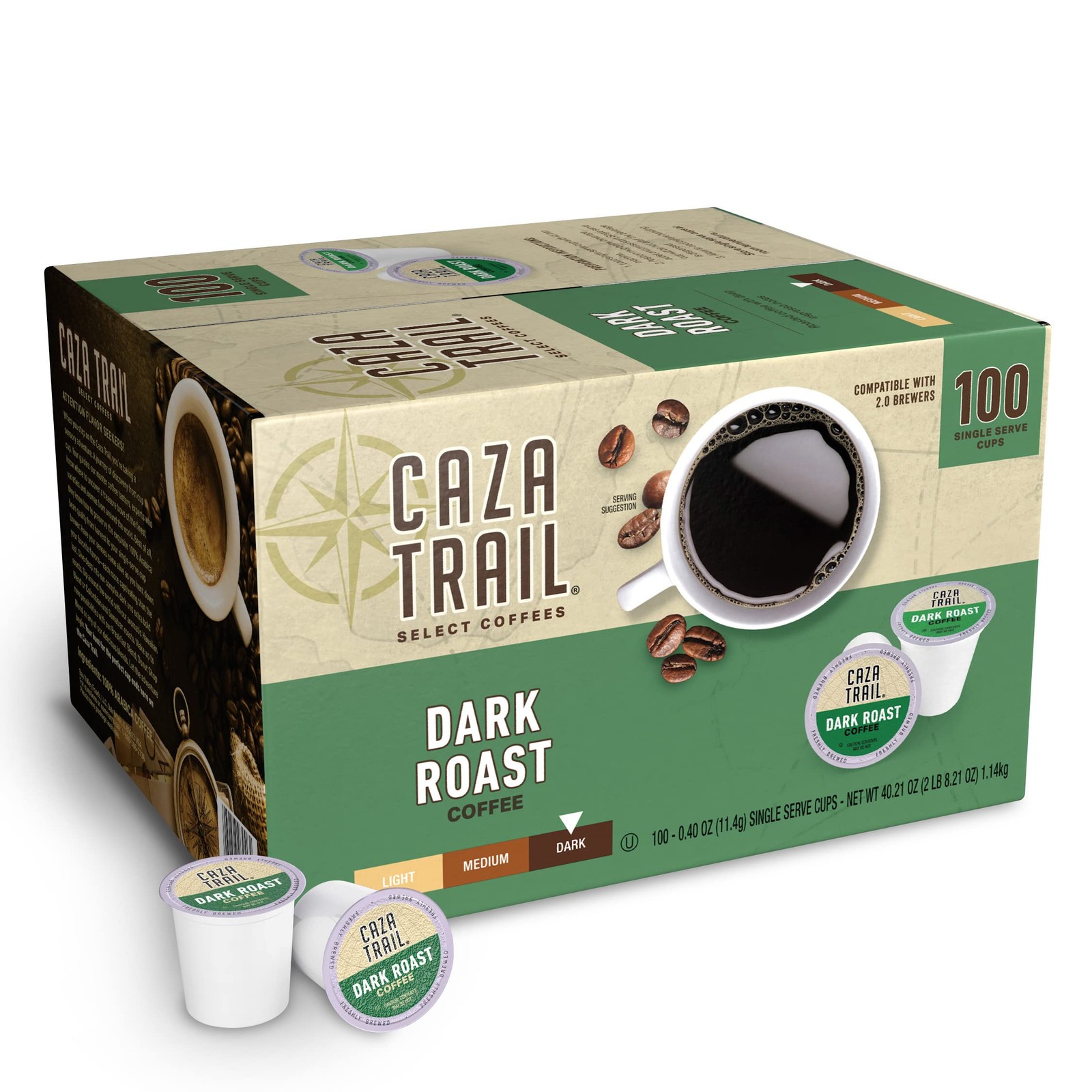 Caza Trail Coffee Pods, Dark Roast, Single Serve Pack of 100