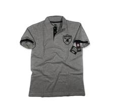 Raiders Button Polo Shirt  Black Play Dry Embroidered Las Vegas NFL Gray