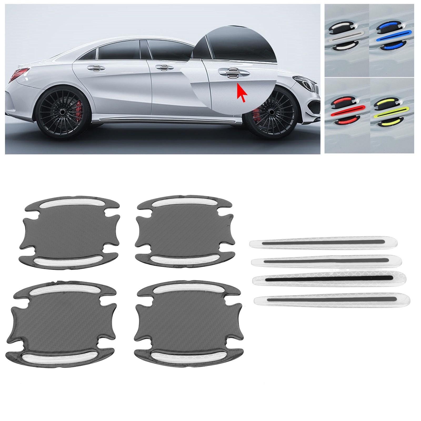 4pcs Car Reflective Sticker Exterior Door Bowl Handle Warning Tape Strips For