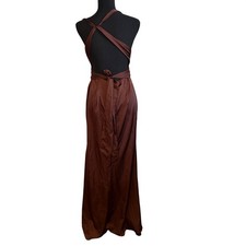 Womens Elegant Brown Satin Halter Babydoll Maxi Dress Formal Prom Wedding