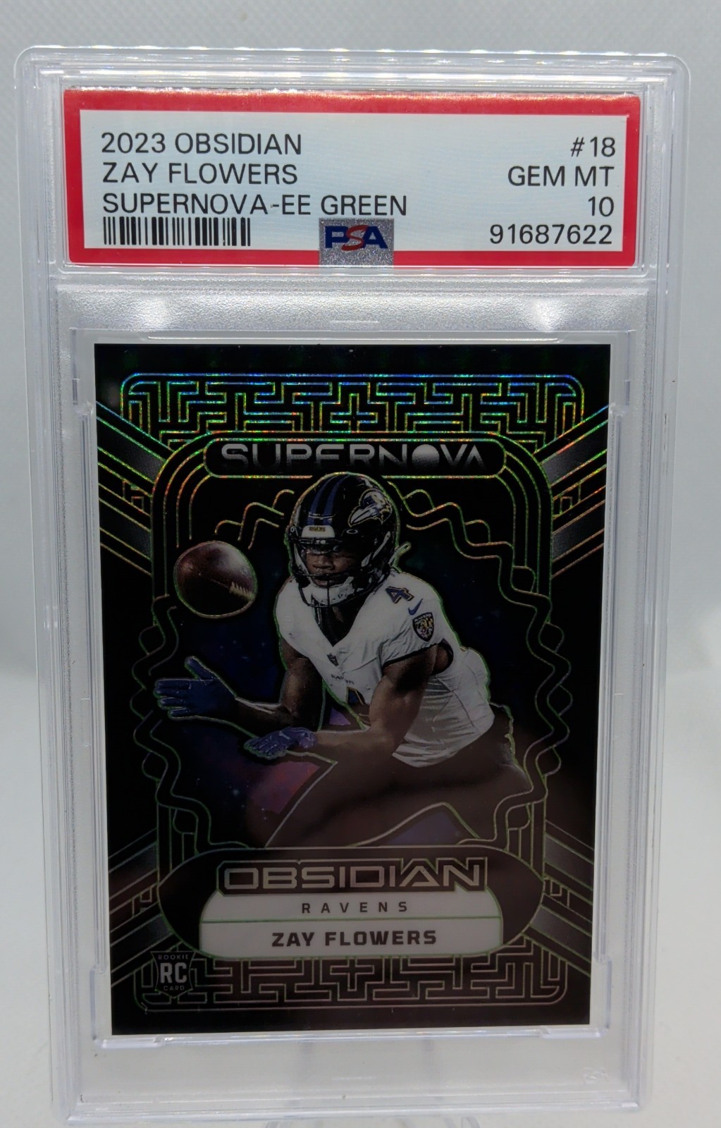 2023 Panini Obsidian- Zay Flowers #18 Supernova Electric Etch Green /35 PSA 10