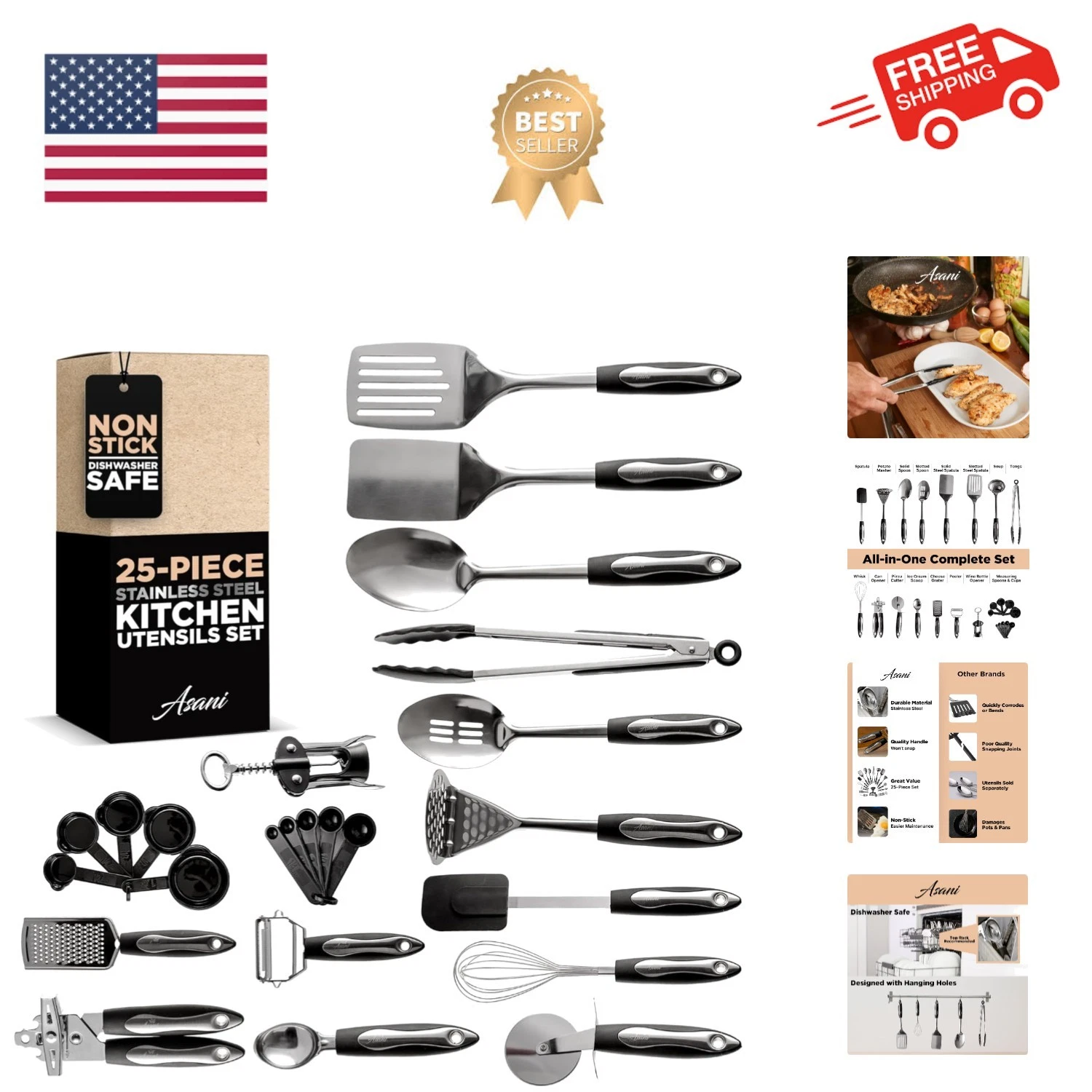 25-Piece Stainless Steel Kitchen Utensil Set | Non-Stick Cooking Gadgets and ...