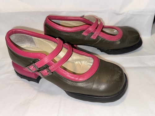 Fluevog Unity Aimee - Olive Green w/Pink - Double Strap Mary Jane - size 10