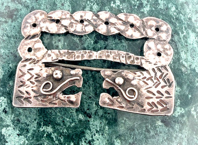 Vintage Peruvian 925 Sterling Silver Brooch double dragons hammered  texture