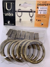 Umbra 1.5" Clip Drapery Rings Brass Set of 7 NOS Bed Bath Beyond