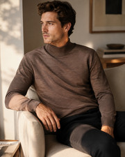 MNG MAN size Medium Shirt Extrafine Merino Wool Rolled Neck Long Sleeves BROWN