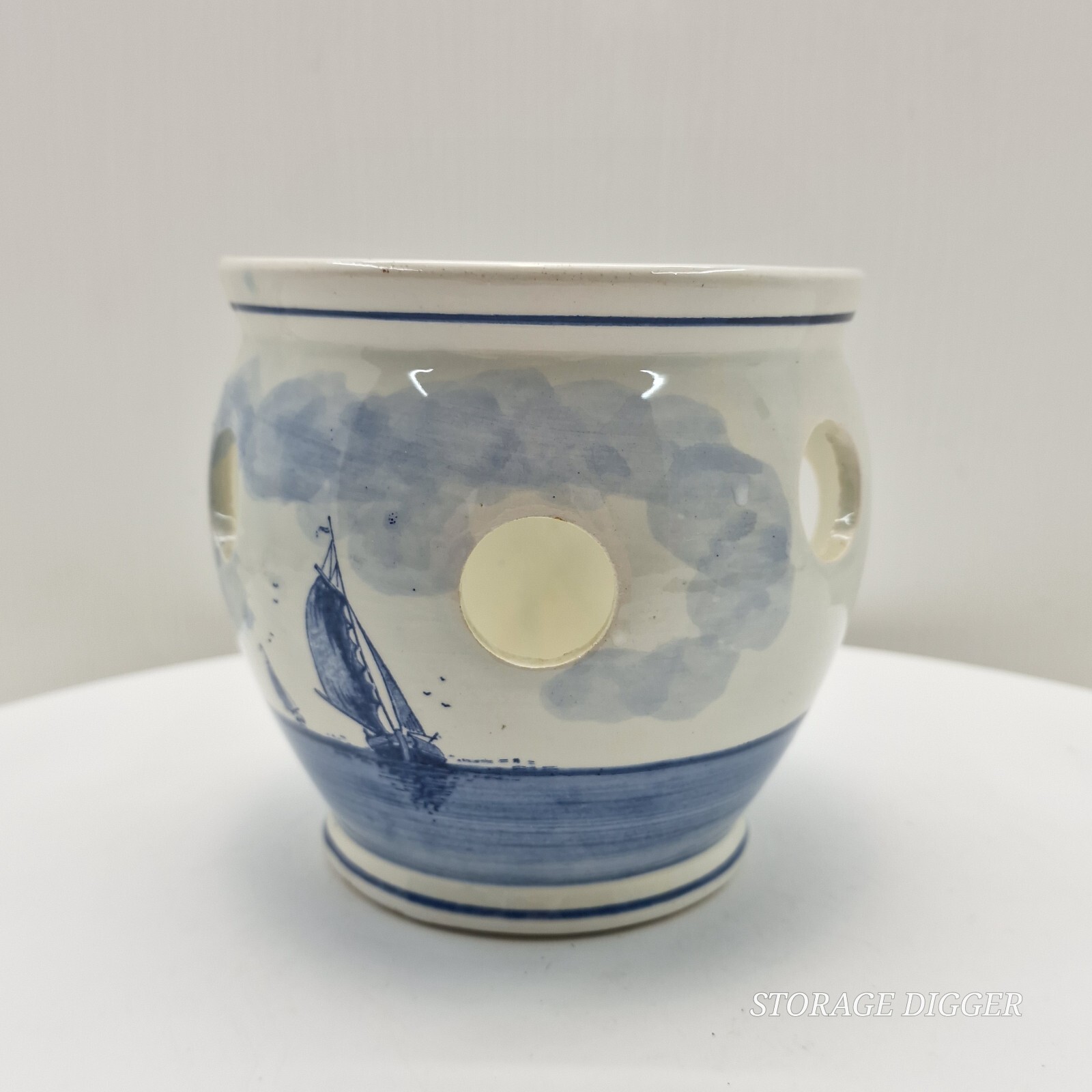 VTG Delft Blauw Crocus Bowl/Bulb Planter Hand Painted Windmill Sailboat Holland