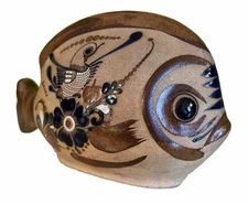 Large Vintage Tonala Art Pottery Sad Fish Big Eyes Flowers Bird Mexico, 11”