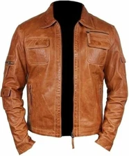 Mens Motorcycle Cafe Racer Vintage Biker Brown Real Leather Jacket for Men