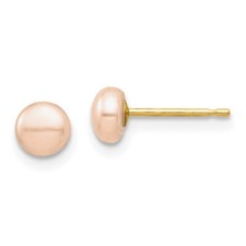 Real 14K Yellow Gold Madi K 4-5mm Pink Button Cultured Pearl Stud Post Earrings