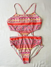 Lucky Brand Girls Swimsuit Size Medium One Piece Cutout Boho Pink Orange Tribal