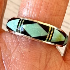 Navajo Turquoise Wedding Band Sz 7.5 Ring 7mm Signed AT Opal Inlay Multi Stone