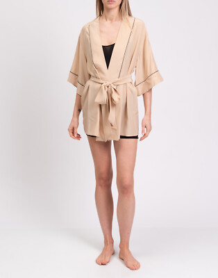 RRP 300 KIKI DE MONTPARNASSE Silk Kimono Pyjama Robe Size M Beige Open Front