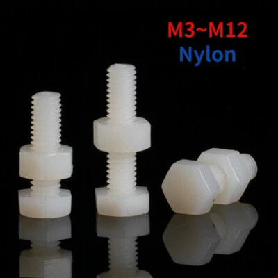 HUIRUIXIN WHITE NYLON PLASTIC SET SCREWS HEX HEAD FULLY THREADED BOLT AND NUT M3 - M12