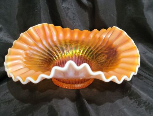 Dugan Footed Bowl Ruffled Peach Opalescent, Caroline Wheaton 8.5" Across - Picture 1 of 8