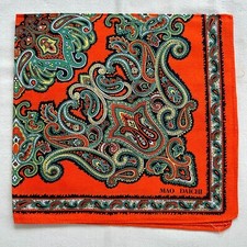 Vintage Bandana Orange Cotton Paisley Damask Green Art Kerchief Handkerchief 20"