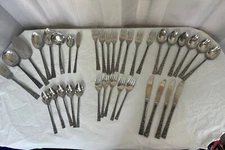 Japan Raised Floral Repousse Stainless 36 PCs Includes 4/5 Pc Set Plus & Serving